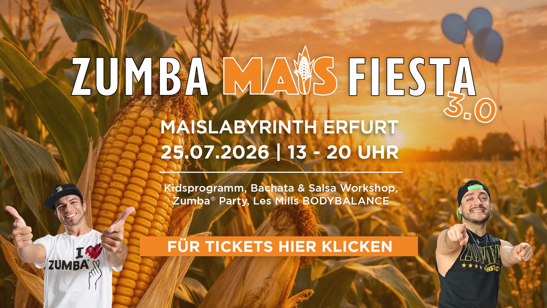 Zumba Mais Fiesta Eventbanner mit Maisfeld im Sonnenuntergang, Eventinfos zu Zumba Party, BodyBalance und Workshops in Erfurt