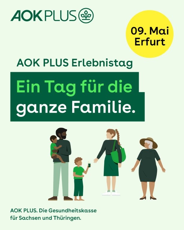 Werbeplakat der AOK PLUS für einen Familien-Erlebnistag am 9. Mai in Erfurt mit Illustrationen von Erwachsenen und Kindern sowie dem Slogan „Ein Tag für die ganze Familie“.