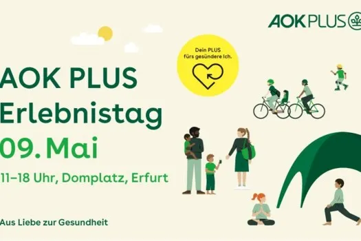 Werbung zum AOK PLUS Erlebnistag am 9. Mai von 11 bis 18 Uhr auf dem Domplatz in Erfurt mit Illustrationen von Familien, Radfahrern und Freizeitaktivitäten