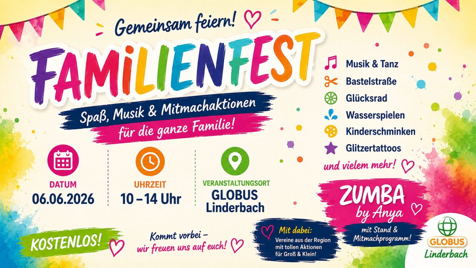 Buntes Werbebild für ein Familienfest am 06.06.2026 auf dem GLOBUS Parkplatz in Linderbach mit Informationen zu Uhrzeit, Mitmachaktionen und Zumba by Anya.