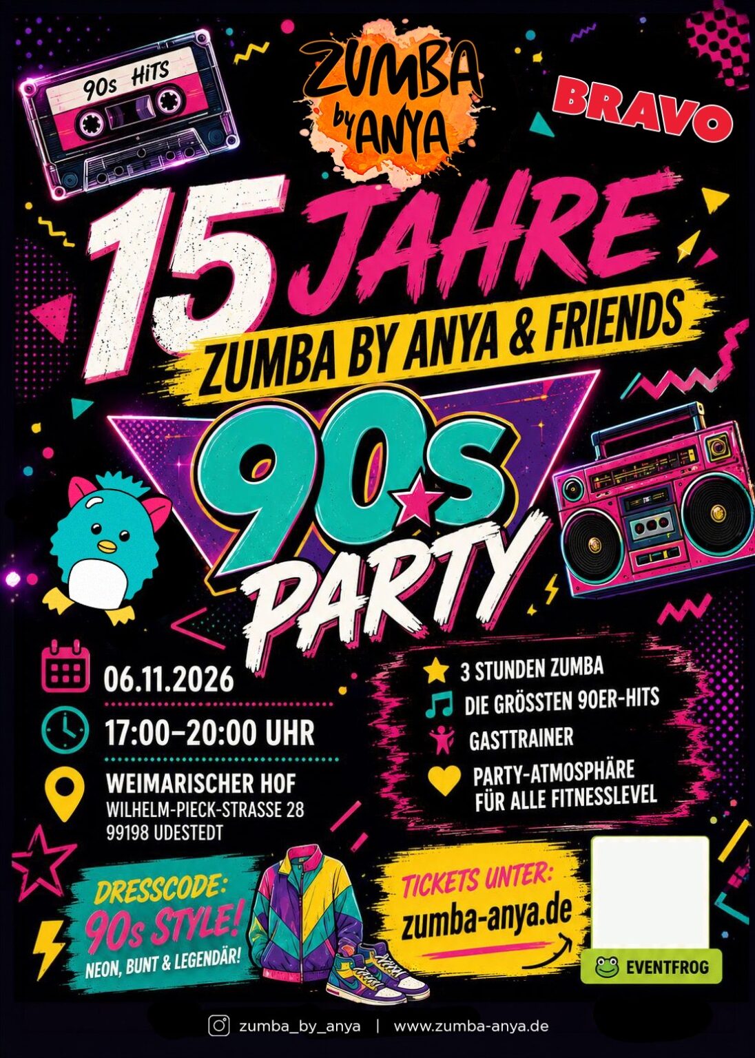 Flyer zur Zumba 90s Party – 15 Jahre Zumba by Anya & Friends am 06.11.2026 im Weimarischen Hof mit 3 Stunden Zumba, Gasttrainern und 90er-Hits.